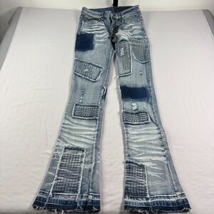 Rockstar Original Jeans Mens Size 32 Blue Stacked Flare Slim Fit Patchwork NEW